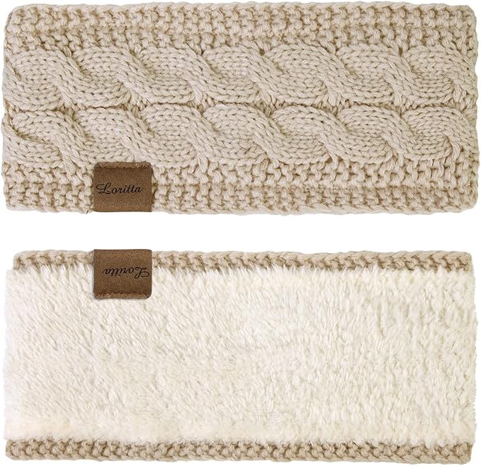 Loritta 2 Pack Headbands for Women Winter Warm Cable Knit Ear Warmer Thick Head Wrap Fuzzy Fleece Lined Gifts