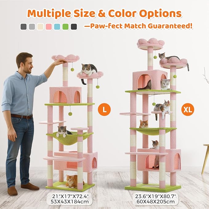 PAWZ Road Flower Cat Tree 72" Cat Tower with Condos&Hammock for Large Cats | cute cat tree in pink&green, 20"×16" hammock for adult cats, 7 scratch posts + pad, dual condos&perches for multi-cats