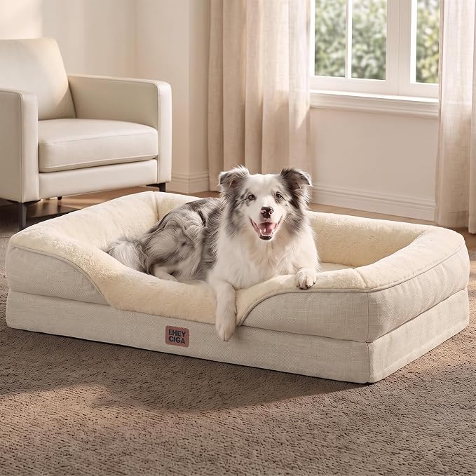 EHEYCIGA Orthopedic XL Dog Bed for Large Dog, Memory Foam Dog Couch, Beige | 42x30 Inch Extra Large Sized Dog Sofa with Sides, Waterproof Liner & Washable Removable Cover, Bolster Pet Couch