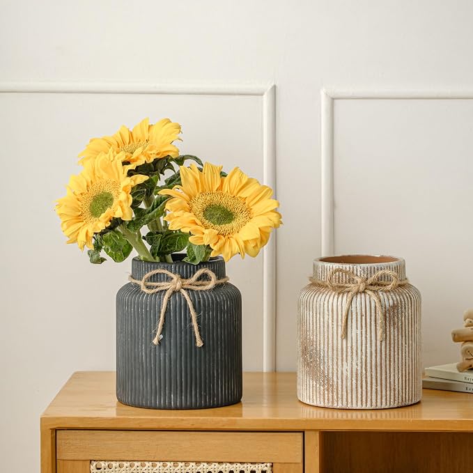 Rustic Ceramic Flower Vase, 7.2in Vintage Brown Ribbed Vases for Home Decor | Decorative Distressed Wide Mouth Terracotta Vases for Bedroom Living Room Table Centerpieces Shelf Cabinet Decorations