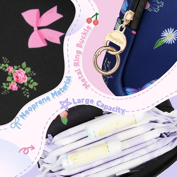 Period Bag for Teen Girls, Neoprene Cute Sanitary Napkin Storage Bag, Floral Menstrual Pad Pouch Tampon Holder (Bow Floral)