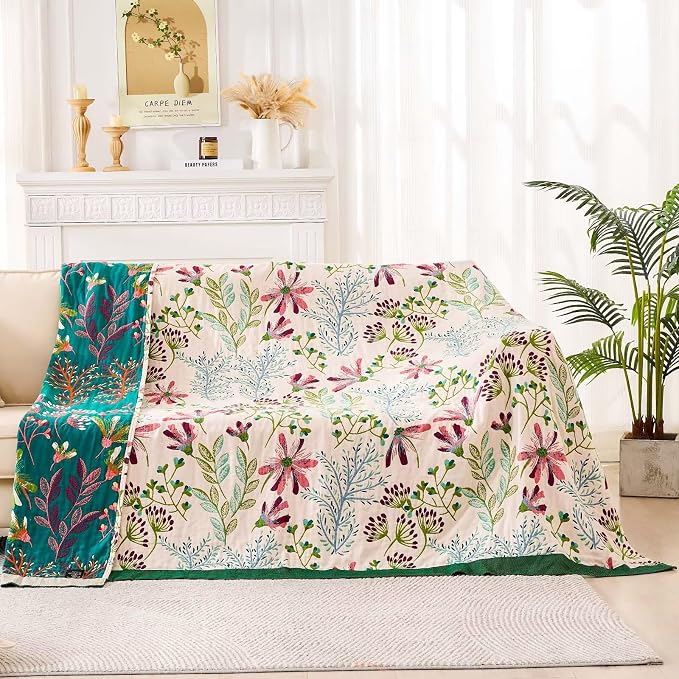 XIBLC Boho Throw Blanket for Bed, 100% Cotton Soft Rustic Quilt Fall Blanket, 50"x60" Green Floral Printed Farmhouse Decor Bed Blankets, All Season Rustic Reversible Bohemian Throw Quilt
