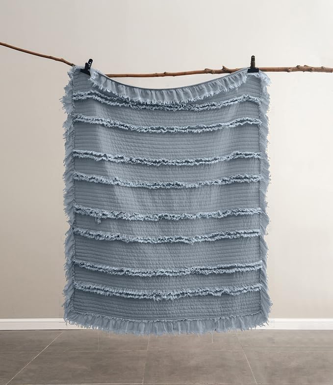 Ultra Soft Pre-Washed Quilted Throw Blanket, Ruffle Fringed Dark Blue Decorative Throw, Stone Washed Chic Rustic Blanket for Sofa Couch Bed Chair, 50"x 60"