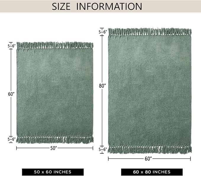 Chenille Throw Blanket for Couch 50" x 60", Sage Green | Soft Cozy Warm Throws with Fringe Tassel, for Living Room Bed Sofa Chair Cover, Lightweight Knitted Decorative Boho Blankets