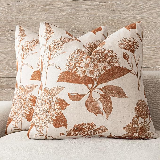 Foindtower Set of 2 Linen Floral Throw Pillow Covers Vintage Accent Print Decorative Cozy Cushion Covers Farmhouse Boho Home Decor for Sofa Chair Couch Bedroom Living Room,24×24 Inch,Autumn Orange