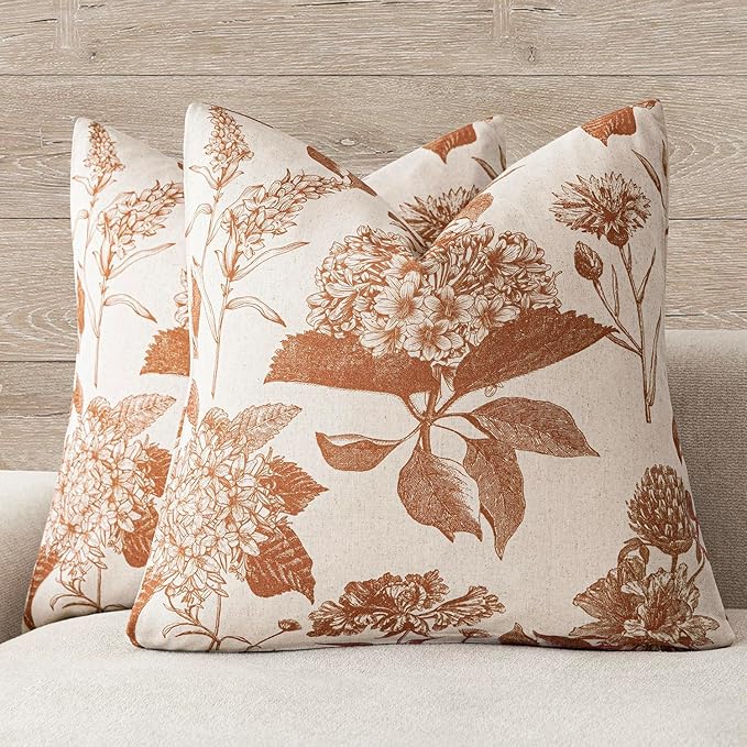 Foindtower Set of 2 Linen Floral Throw Pillow Covers Vintage Accent Print Decorative Cozy Cushion Covers Farmhouse Boho Home Decor for Sofa Chair Couch Bedroom Living Room,22×22 Inch,Autumn Orange