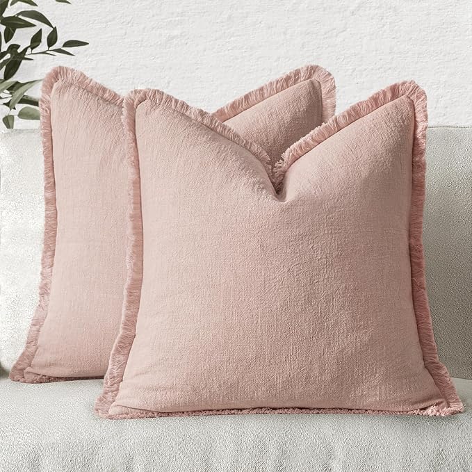 MIULEE Boho Linen Fringe Decorative Throw Pillow Covers Light Pink 20x20 | Set of 2, Cottagecore Decor, Boho Farmhouse Neutral Pillow Covers, Rustic Couch Cushion Cases for Sofa Bed Living Room
