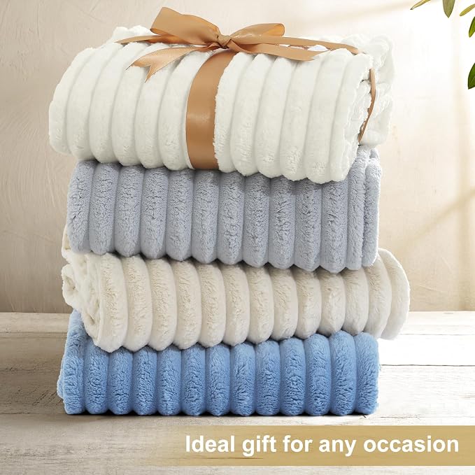 decorUhome Cream White Fleece Queen Blanket 90x90 Inches | Soft Fleece Bed Cozy Fluffy Plush Flannel Large Striped Throws for Couch Sofa, Decorative Fuzzy Blanket for Woman