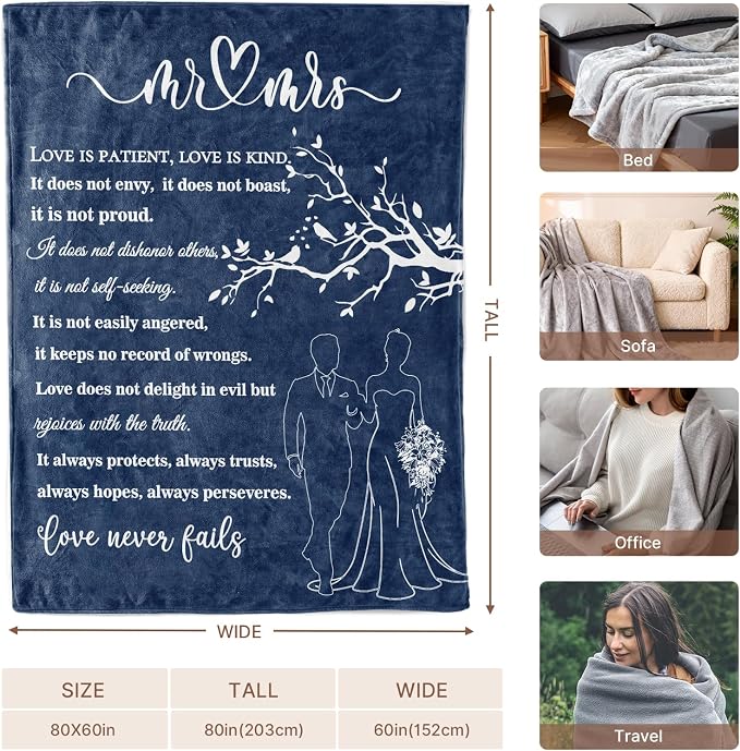 Wedding Gifts for Couples, Bridal Shower Gifts for Bride to Be Soft Blanket | Anniversary Mr and Mrs Gifts, Wedding Gifts for Newlyweds Wedding Throw Blanket 60*80 Inch (Blue)