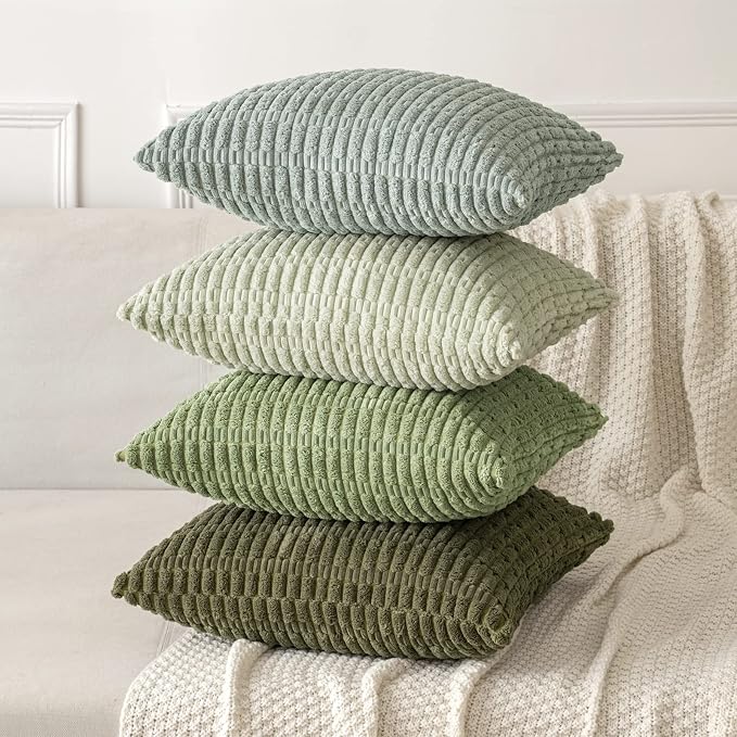 MIULEE Corduroy Decorative Throw Pillow Covers 18x18 Olive Green Pack of 2 | Soft Boho Striped Pillow Covers Modern Farmhouse Home Decor For Sofa Living Room Couch Bed