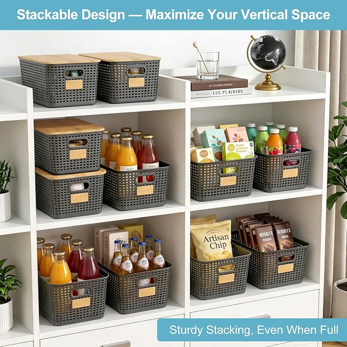 2 Pack Tall Plastic Storage Bins with Bamboo Lids, 10.8qt Stackable Storages Baskets for Organizing Desktop Closet Playroom Classroom Office, 12"L x 8.3"W x 6.1"H, Gray