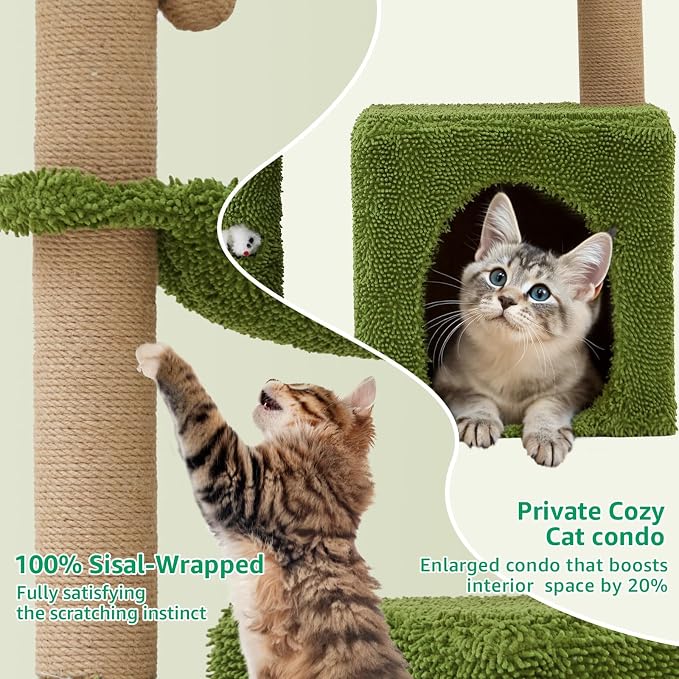 37" Small Cat Tree with Scratching Posts，Green Cat Scratcher Tower | Sisal Cat Scratcher,Cozy Hammock,Cat Condo,Interactive Cat Toys for Kittens