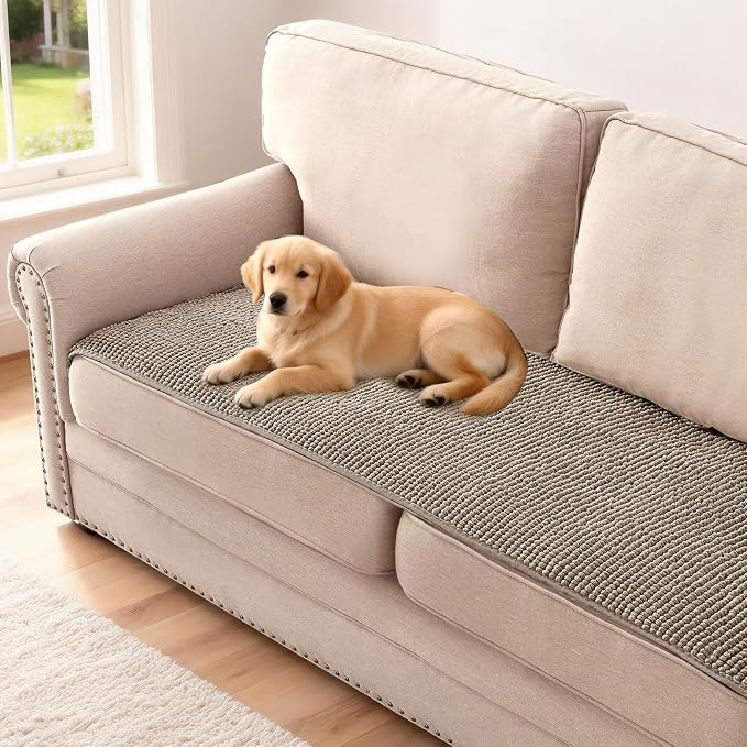 H.VERSAILTEX Plush Chenille Couch Cover for 3 Cushion Couch Anti Slip Washable Sofa Slipcovers Soft and Durable Furniture Protector for Dogs Cats Kids (27.5" x 59", Taupe)