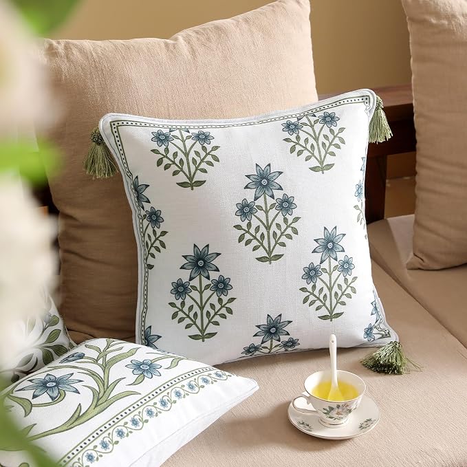 Designer Vintage Linen Throw Pillow Cover,18"x18"-Mosella B | French Elegant Square Decor Pillow Cover,Concealed Zipper Design,Floral Pattern,Sofa,Bedroom,Living Room,Lounge Chairs