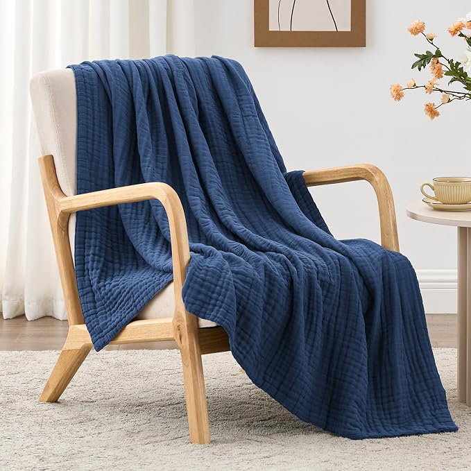 Love's cabin 100% Cotton Muslin Blanket, 6 Layer Lightweight Breathable Gauze Large Throw Blanket 50 x 70 Inches, Soft Cooling All Season Blanket for Couch or Sofa, Dark Blue