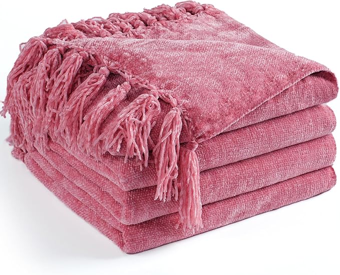 Chenille Throw Blanket for Couch 50" x 60", Rose Pink | Soft Cozy Warm Throws with Fringe Tassel, for Living Room Bed Sofa Chair Cover, Lightweight Knitted Decorative Boho Blankets
