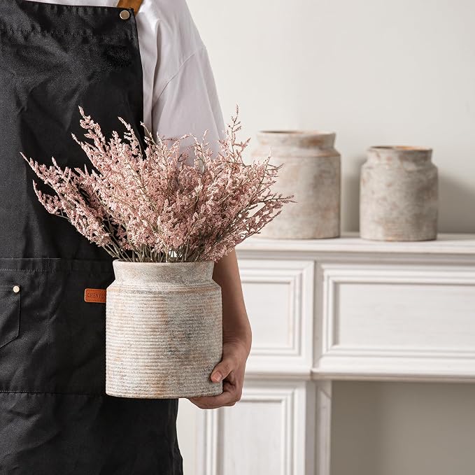 Ceramic Flower Vase 7.5 inch Farmhouse Rustic Vase for Home Decor Handcrafted Pottery Terracotta Vases for Dining Table Decor Fireplace Living Room Bathroom Wedding Centerpiece (M-Terracotta)
