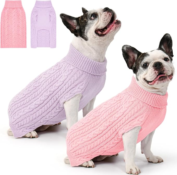 Dog Sweater 2 Pack for Medium Dogs, Size L, Pink & Purple | Stretchy cable knit turtleneck, machine washable, high belly cut, comfy winter fit for French Bulldog, Corgi