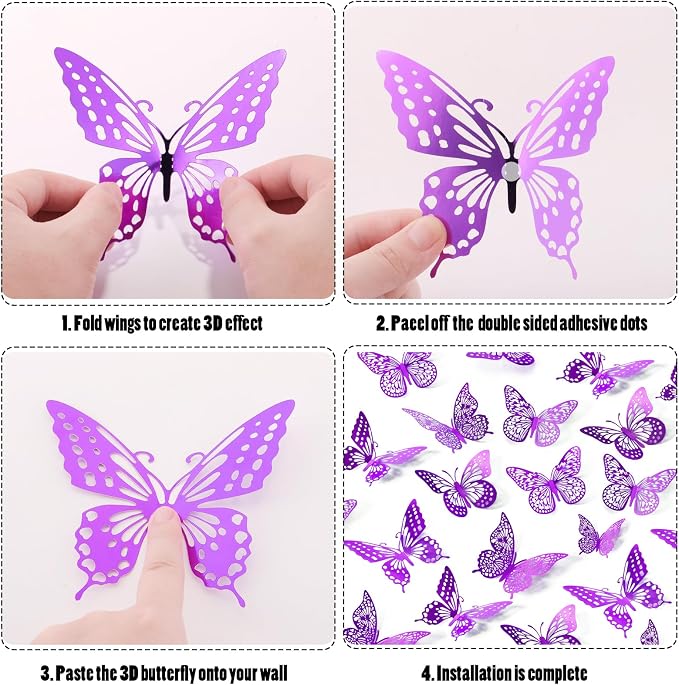 SAOROPEB 3D Butterfly Wall Decor 48 Pcs Purple Butterfly Decorations | 4 Styles 3 Sizes, Birthday Decorations Butterfly Party Decorations Cake Decorations, Removable Stickers