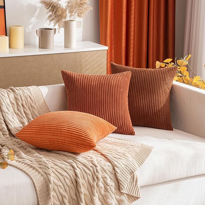 MIULEE Fall Soft Corduroy Throw Pillow Covers Set of 2 20x20 Dark Rust | Decorative Striped Textured Cushion Cases, Boho Rustic Square Pillowcases, Home Decor for Couch Chair Sofa Bed Living Room
