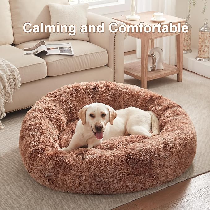 45 in Faux Fur Donut Dog Bed for Extra Large Dogs,Tie-dye Brown | Calming Plush Round Jumbo Fluffy Pet Bed with Removable & Washable Cover,Fits up to 120 lbs Pets
