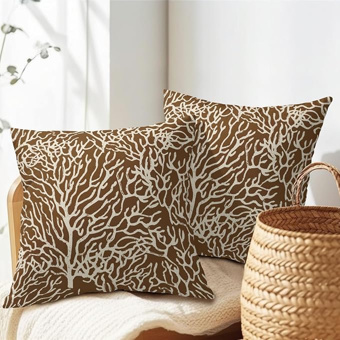 Nautical Coastal Coral Pillow Covers 18x18 Inch Set of 2 Summer Ocean Beach Brown Decorative Pillow Cases Outdoor Linen Cushion Cover Farmhouse Decor for Bedroom Home Sofa Couch Bed