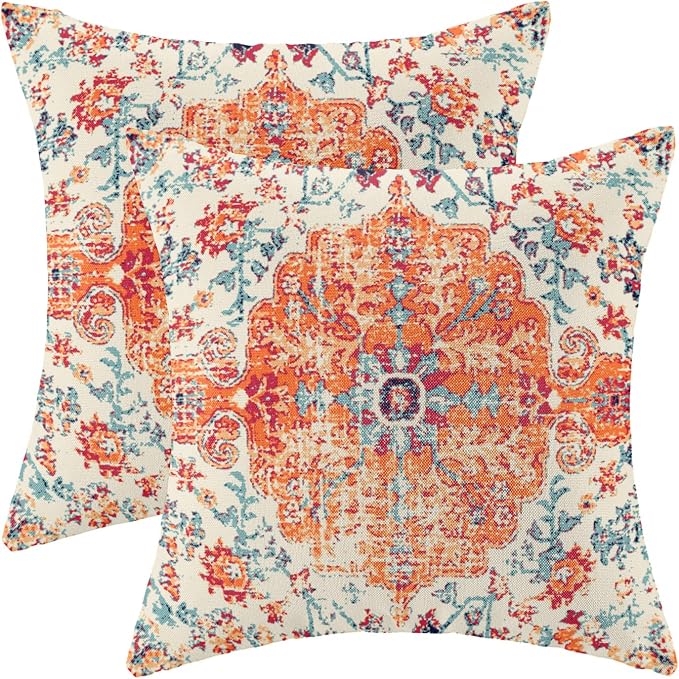 AEIOAE Boho Pillow Covers 16x16 Inch Set of 2,Carpet Pattern Throw Pillows Case,Orange Blue Ethnic Design Outdoor Decorative Square Linen Farmhouse Decor Cushion Covers for Home Sofa Bed Couch