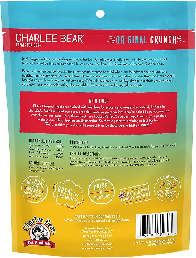 Charlee Bear Original Crunch Dog Treats, Chicken Liver, 16 Ounce Resealable Bag, Low Calorie Training Treats for Dogs, Limited Ingredient, Healthy, Crunchy Dog Snacks, Made in USA (Pack of 2)