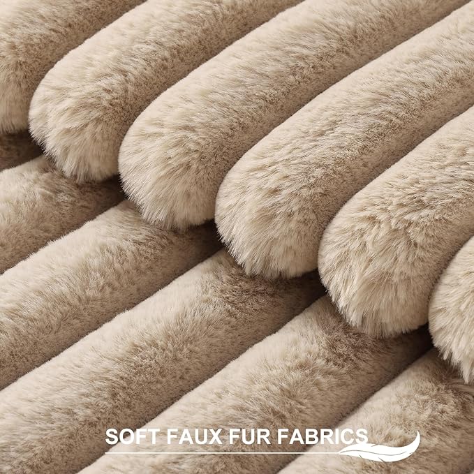 Pallene Faux Fur Decorative Throw Pillow Covers 16x16 Set of 2, Khaki | Luxury Plush Texture, Striped Design, Cozy Soft Touch, Modern Home Accent Decor for Couch, Sofa, Bed, Living Room