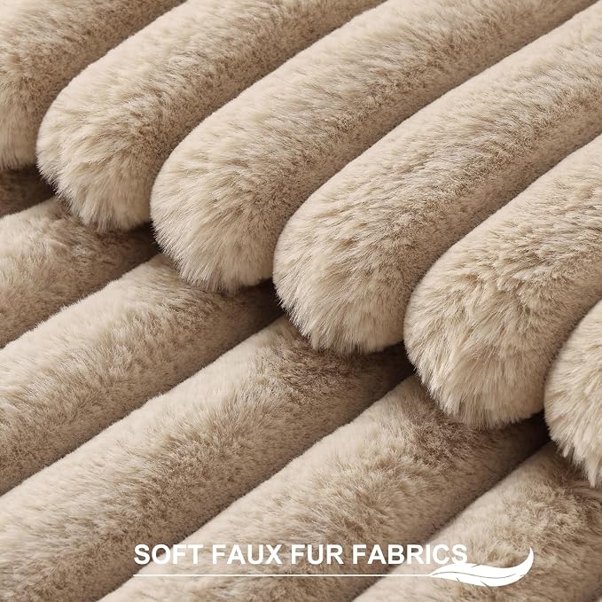 Pallene Faux Fur Decorative Throw Pillow Covers 20x20 Set of 2, Khaki | Luxury Plush Texture, Striped Design, Cozy Soft Touch, Modern Home Accent Decor for Couch, Sofa, Bed, Living Room