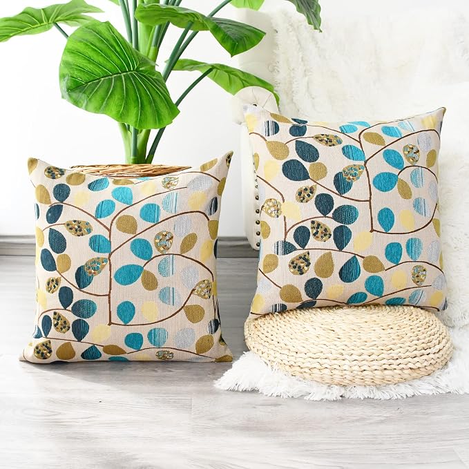 CaliTime Decorative Throw Pillow Covers 18 X 18 Inches Ecru Teal Gray | Luxury Chenille Cute Leaves Cushion Case Shell for Couch Sofa Bed Living Room Home