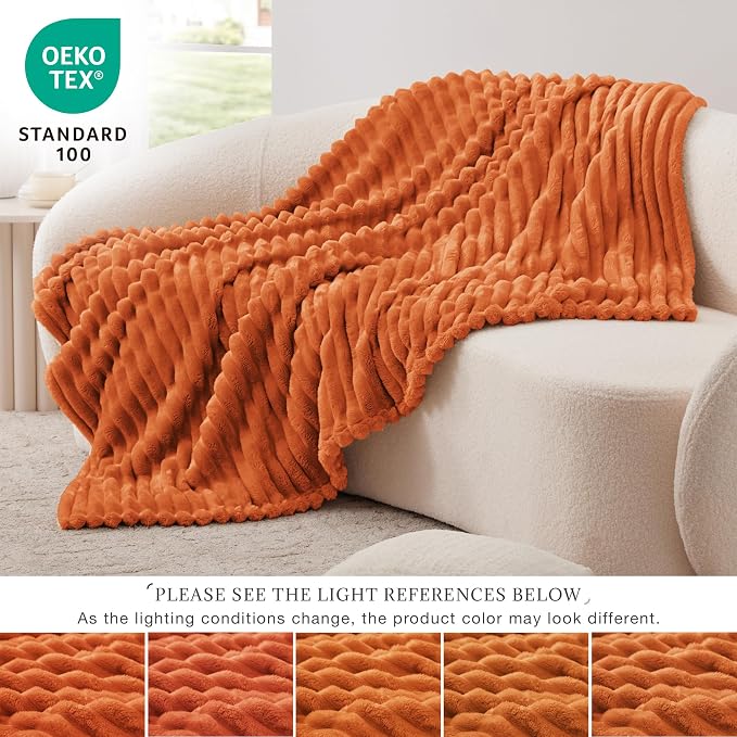 EXQ Home Fall Blanket Twin Size for Couch or Bed - 3D Stripe Jacquard Decorative Fleece Blankets - Cozy Soft Lightweight Fuzzy Flannel Blanket Suitable for All Seasons(60"×80",Orange)