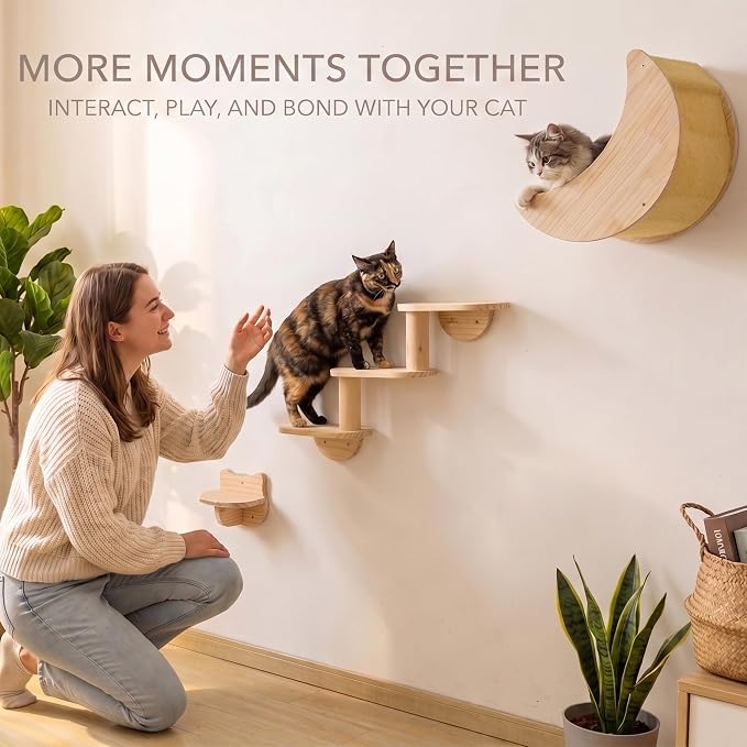 Cat Wall Shelves, Solid Wood Moon Bed, 3-Step Ladder & Perch for Climbing | 3-in-1 Wall-Mounted Cat Furniture;16-Inch Stud Wall;Hold Up to 40 lb;Wall & Corner Setup;Vertical Territory & Active Exercise