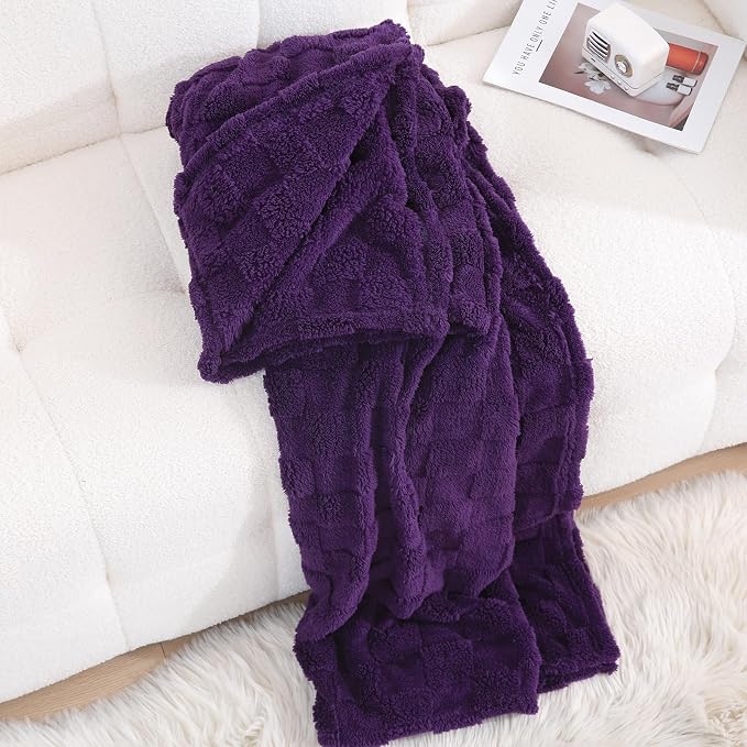 Deep Purple Fleece Throw Blanket 50”×60”Checkered Design for Couch | Super Soft Cozy Plush Microfiber 3D Square Pattern Flannel Blanket for Sofa Bed Lightweight for Adults,Women