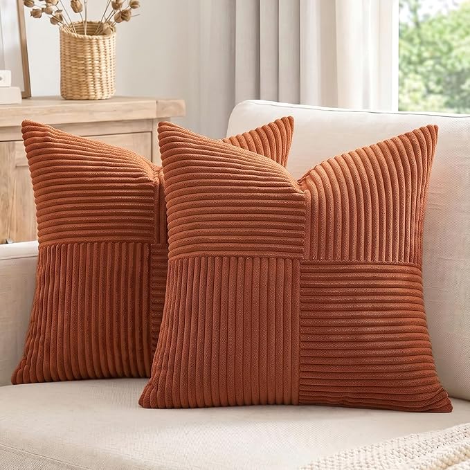Fancy Homi Rust Decorative Throw Pillow Covers 22x22 Inch for Living Room Couch Bed Sofa, Rustic Farmhouse Boho Home Decor, Soft Corss Corduroy Patchwork Accent Terracotta Square Cushion Case 55x55 cm
