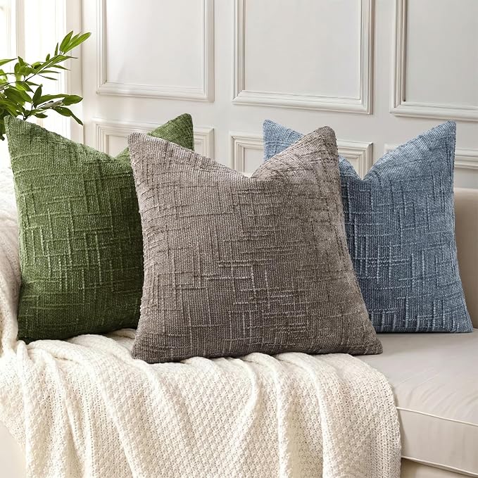 decorUhome Textured Chenille Throw Pillow Covers 26x26 Set of 2 Grey Blue | Fall Modern Farmhouse Soft Cozy Slubby Couch Pillow Cases Boho Decorative Pillow Cases for Bed Sofa Living Room Home Decor