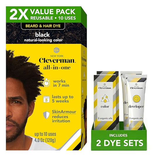 2X Reusable Hair & Beard Dye for Black Men – Black | Up to 10 Uses, 7 Minutes | Natural Gray Coverage, No-Drip Cream with SkinArmour® – Cleverman