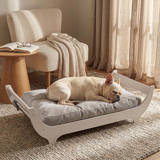 CANAGAN Elevated Wood Dog Bed Frame with Cushion, MaplePattern, Medium | Raised Dog Couch Bed with Washable Cover and Plush PP-Filled Cushion, Furniture-Style for Indoor Living