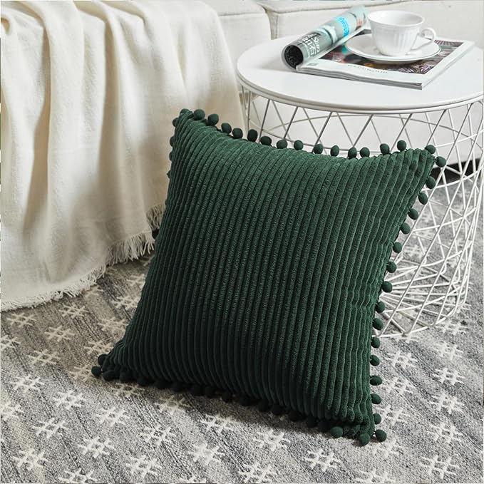 Fancy Homi 2 Pack Dark Green Small Decorative Throw Pillow Covers 14x14 Inch with Pom-poms for Couch Bedroom, Soft Corduroy Solid Rectangle Cushion Case 35x35 cm, Farmhouse Boho Home Decor
