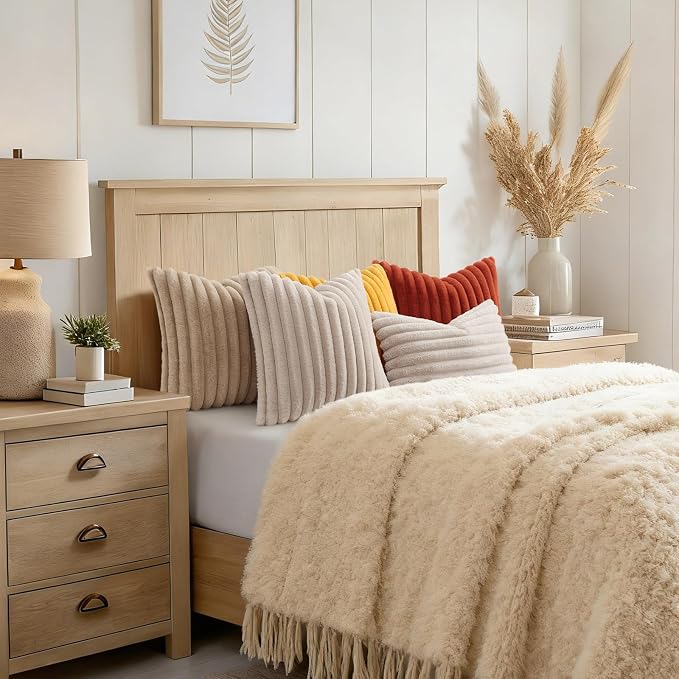 decorUhome Fall Faux Fur Throw Pillow Covers 26x26 Set of 2 Mustard Yellow | Decorative Soft Cozy Striped Plush Modern Farmhouse Boho Couch Pillow Cases Velvet Back for Sofa Bed Living Room Home Decor