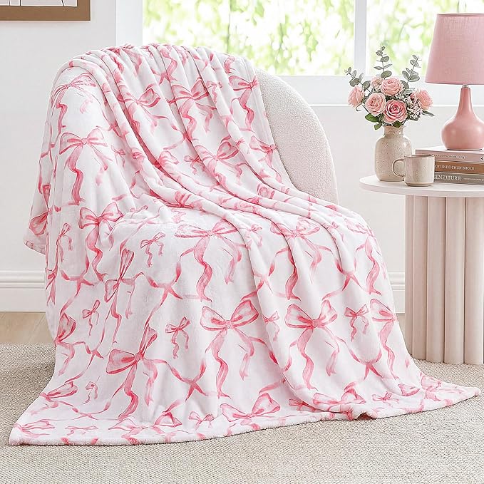 Pink Bow Throw Blanket 60"x80" Soft Flannel for Girls Women | Coquette Aesthetic Decor with Ruffled Edges, Ultra Plush Bed Sofa Blanket, Preppy Gift for Teens, Back to School Dorm Room