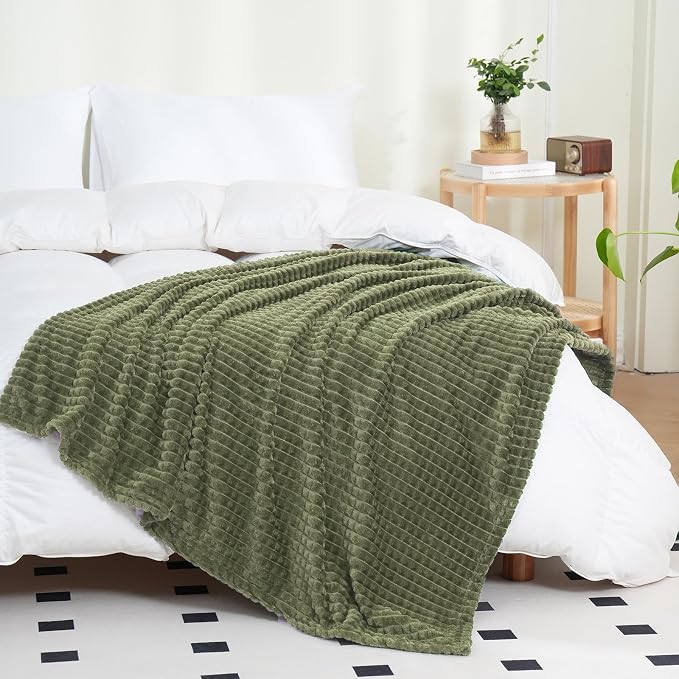 Puncuntex Fleece Throw Blanket Olive Green 90"×90" with Square Grid Design | Super Soft Plush Cozy Flannel Throw Blanket Luxury for Couch Sofa Chair