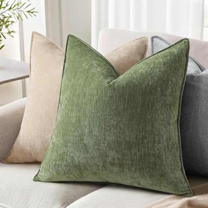 decorUhome Chenille Olive Green Velvet Throw Pillow Covers 20x20 Set of 2 | Fall Soft Couch Decorative Modern Farmhouse Pillow Cases with Elegant Design for Sofa Bed Living Room Home Decor