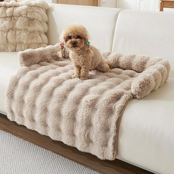 Calming Dog Bed for Couch, 29.5 x 29.5 inch, Non-Slip Rabbit-Velvet Dog Sofa Mat for Furniture Protector, Perfect for Small, Medium Dogs and Cats (Khaki, Medium)