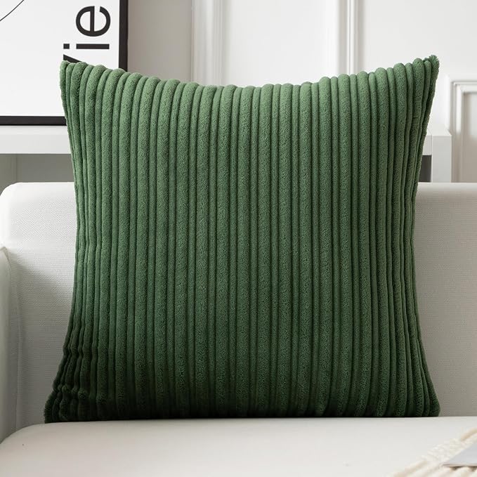 UGASA Velvet 26x26 Inch Soft Throw Pillow Covers Decorative Corduroy Striped Both Sides Solid Square Cushion Cases Boho Farmhouse for Couch Bedroom Sofa Home, Pack of 2, Moss Green