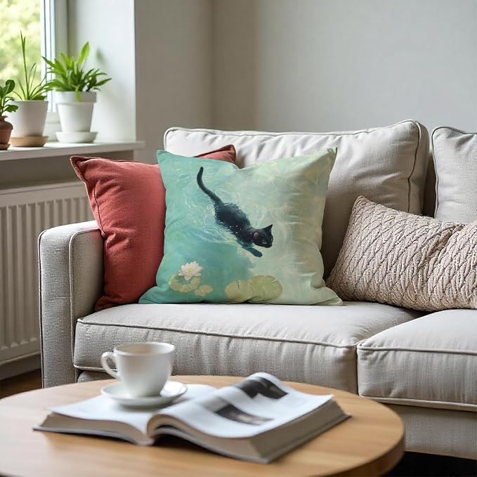 Black Cat Art Painting Throw Pillow Covers 18x18, Aesthetic Cats Decor Pillow Covers for Room Bedroom, Elegant Swimming, Black Cat Decor, Cats Lovers Lady Mom Grandma Gifts