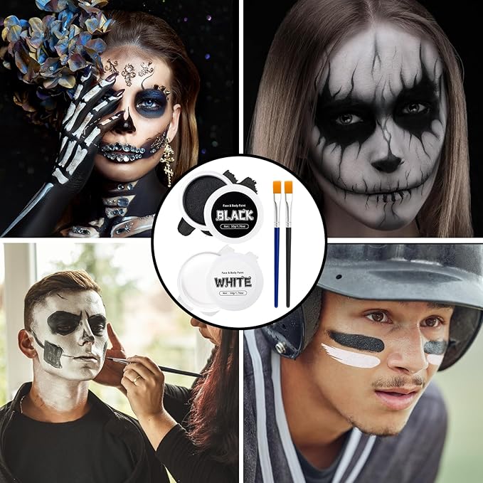 TonJin Black + White Face Body Paint Set 3.5oz/100g, Non-Toxic Professional Facepaint Makeup Kit with 2 Brushes for Art Theater Halloween Party Cosplay Clown Corpse Goth SFX Makeup