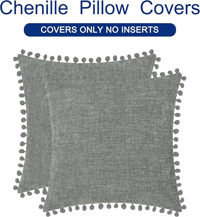 CaliTime Decorative Couch Throw Pillow Covers 22 X 22 Inches Medium Grey | Pack of 2, Cozy Chenille Cushion Cases, with Pom Poms for Sofa Bed Living Room Farmhouse Home