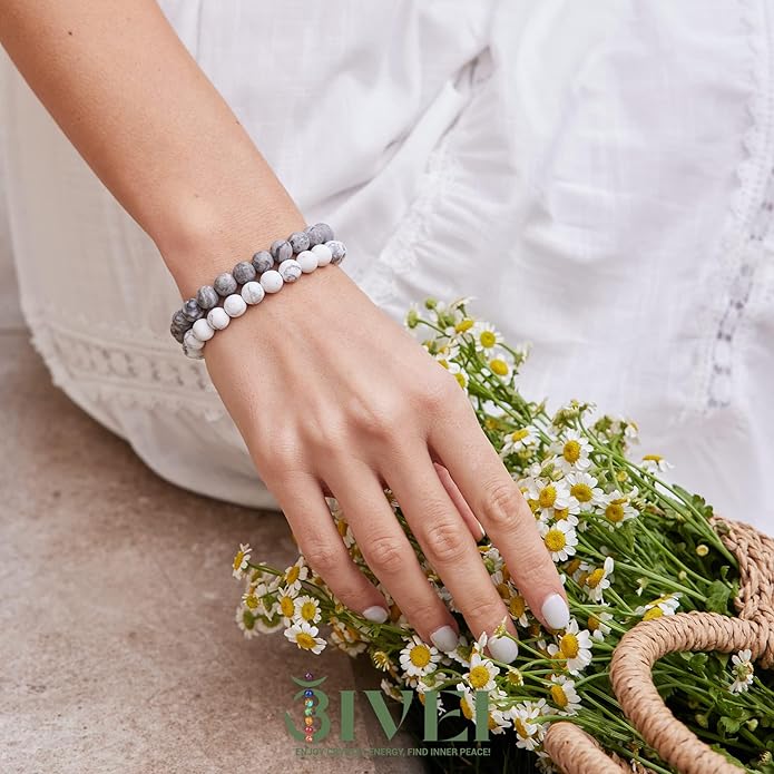Bivei Natural Gemstone Semi Precious Healing Crystals Handmade Stretchy Round Beads Bracelet,Stocking Stuffers for Women Enhance Positive Energy