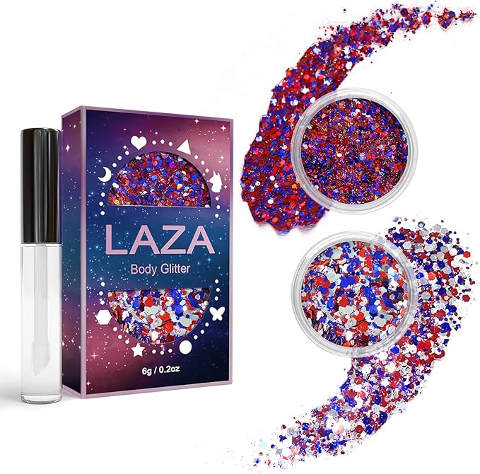 Laza Independence Day Body Glitter, 2 Jars Olympic Red Blue White Chunky Sequins with Glue Women Eyeshadow 4th of July Face Paint Festival Rave Outfit Hair Accessories Party Costumes – Circus Carnival